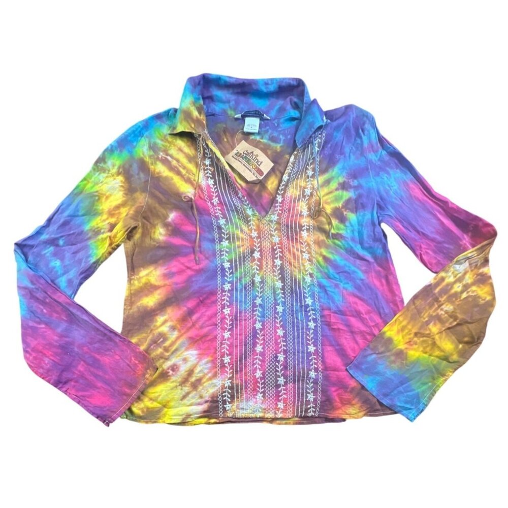 Abercrombie & Fitch S Tie-Dye Long-Sleeve‎ Tunic Blouse Embrodery Boho Style
